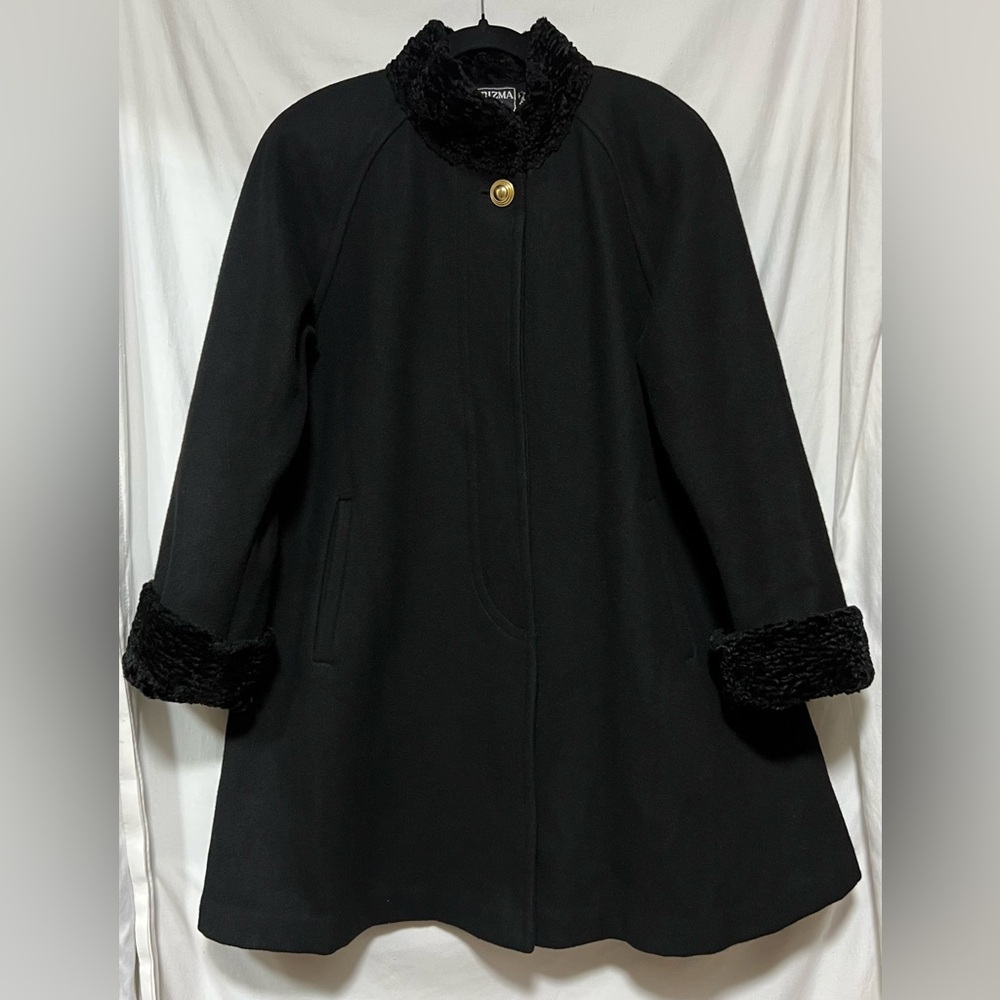 ✨VINTAGE✨ Karizma Long Black Wool Coat Cape Faux Fur Trim Gold Button Classic